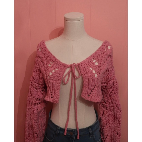 🌸 Storia Pink Crochet Knit Tie-Front Cardigan – Size Medium 🌸 - Picture 1 of 6